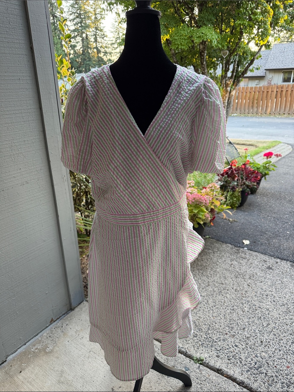 Draper James Pink & light green Striped Wrap-Style Mini Dress